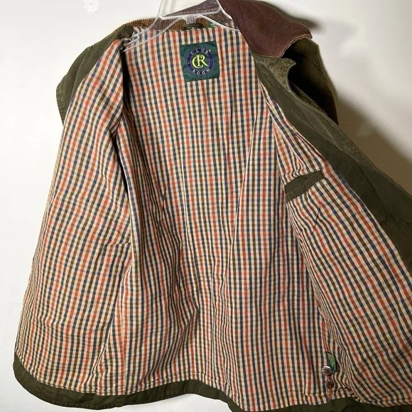 Club Room Chore Jacket Men Medium Olive Leather Collar Plaid Lined Utility Coat